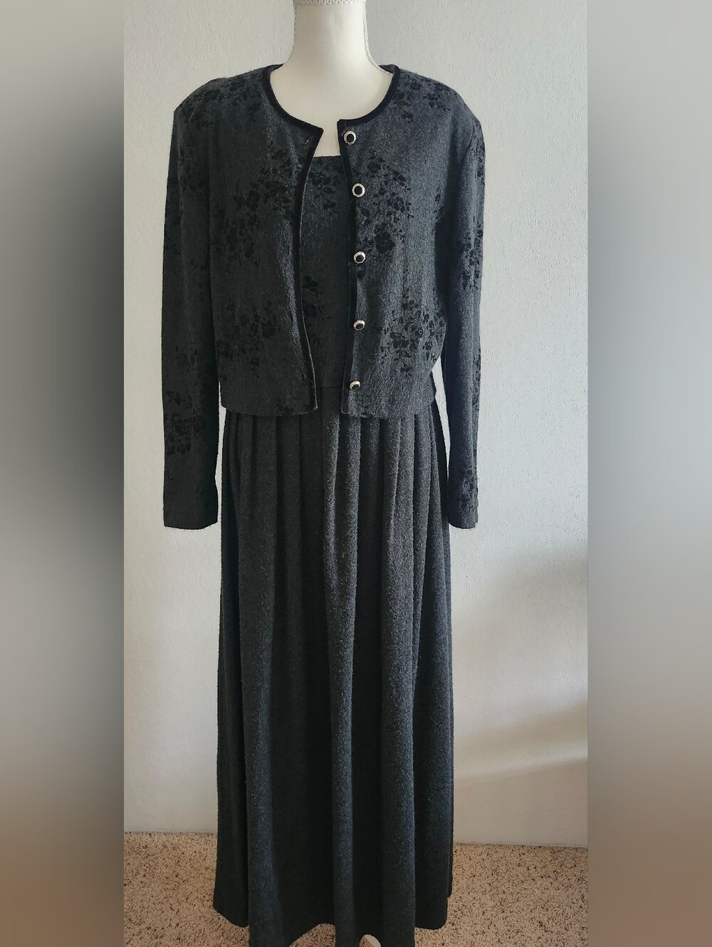 Jessica Howard 2pc Dress Set Womens 14 Black Velvet Floral Maxi Jacket